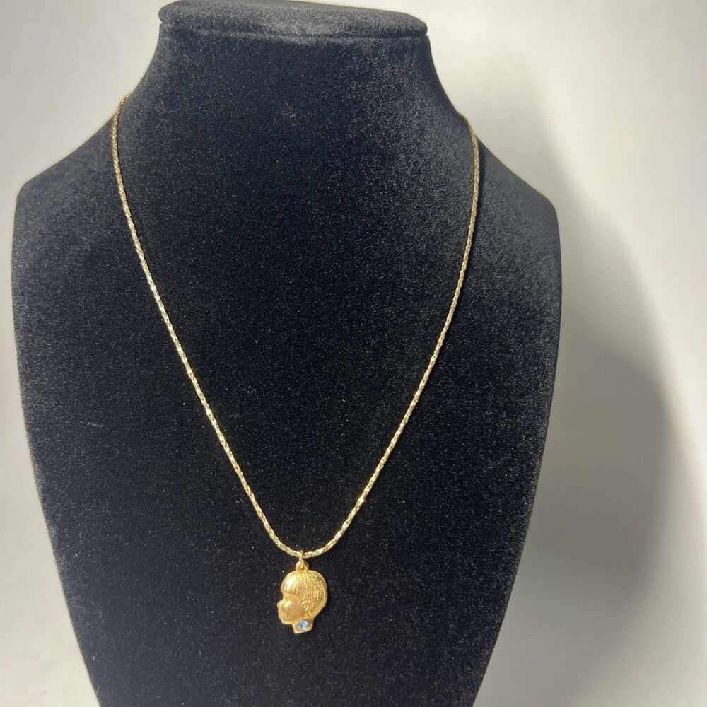 Vtg Gold Tone Mom Charm Necklace Sweet Little Boy Head Profile Blue Stone 18"